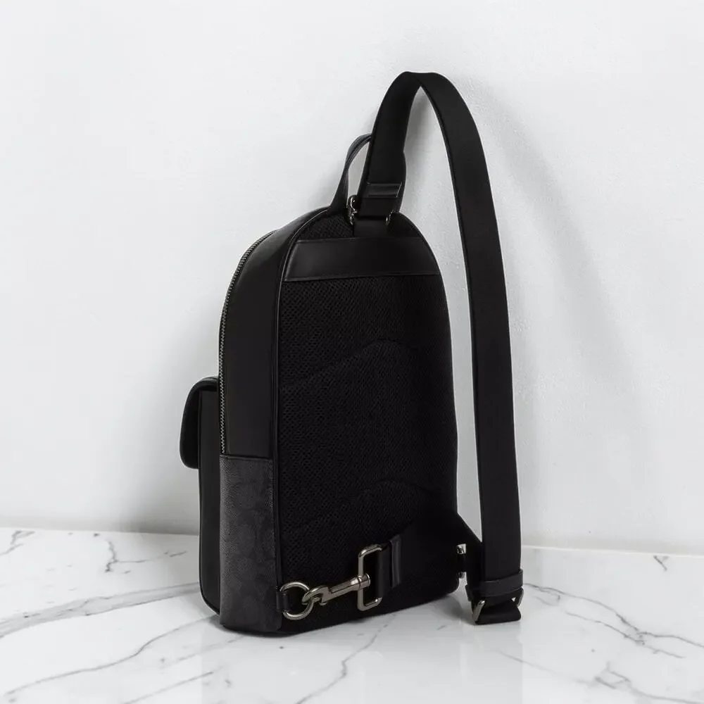 Coach CAJ92 Turnlock Sling Pack Signature Canvas Charcoal Black Gunmetal NWT